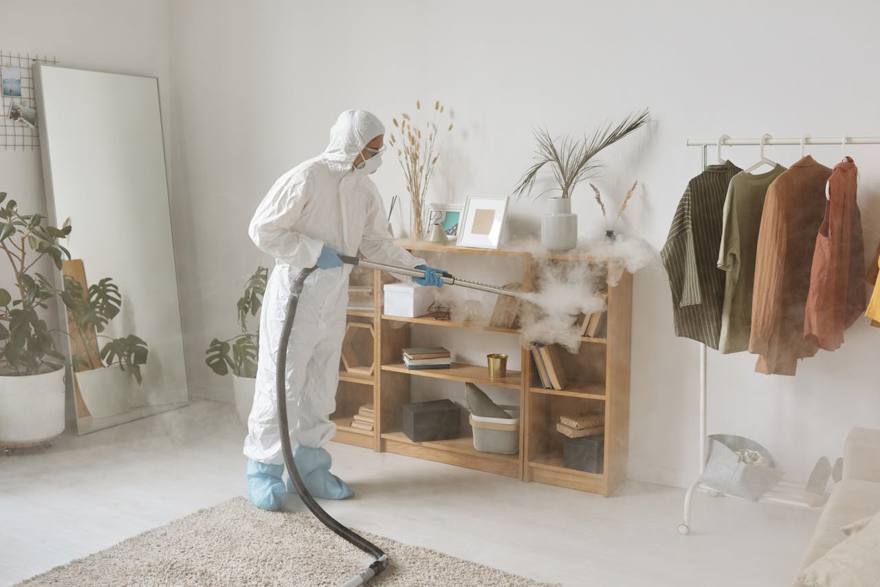 Person in protective suit disinfecting a wooden shelf in a contemporary home setting.