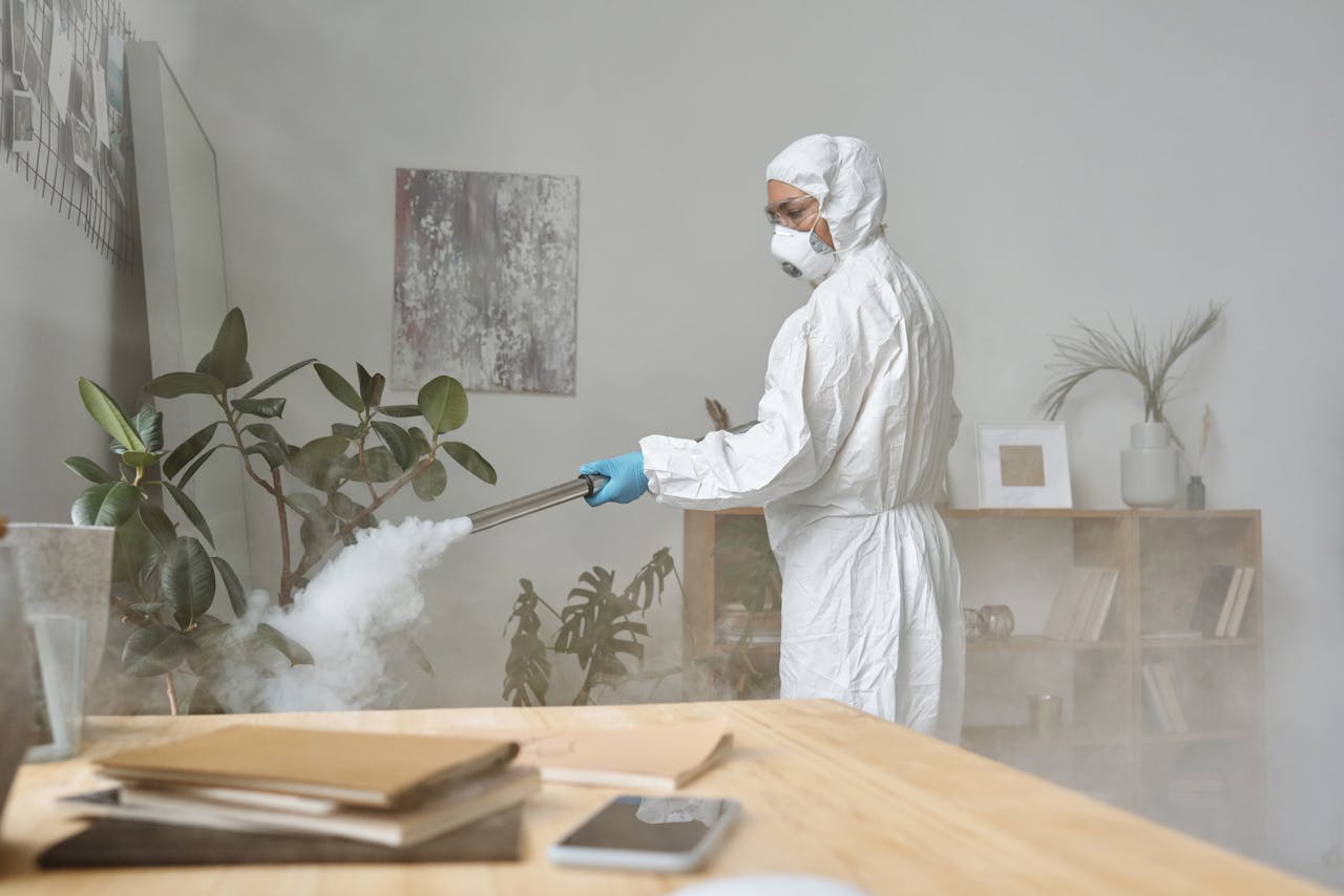 who-we-are A person in protective gear fumigating a room with indoor plants and furniture, ensuring cleanliness.